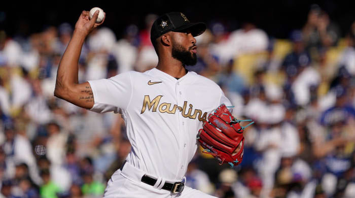 National League pitcher Sandy Alcantara, of the Miami Marlins, throws a pitch to the American League during the second inning of the MLB All-Star baseball game, Tuesday, July 19, 2022, in Los Angeles.